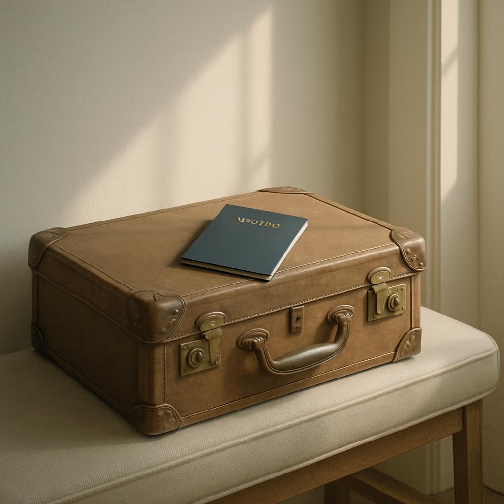 A close-up view of a brown leather suitcase and a gray book on a cushioned stool.