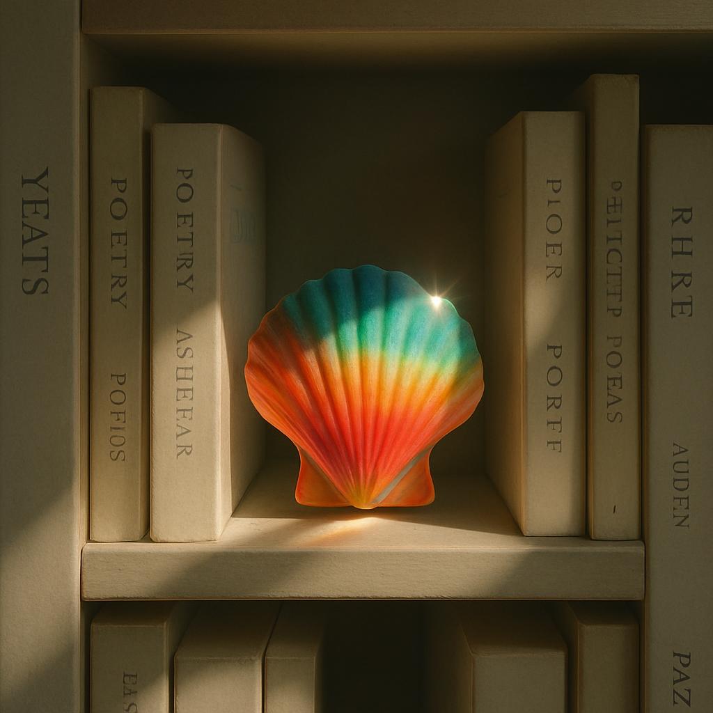 Two opposites on a shelf share a beam of sunlight. A seashell sculpture and a collection of books share a warm light upon ...