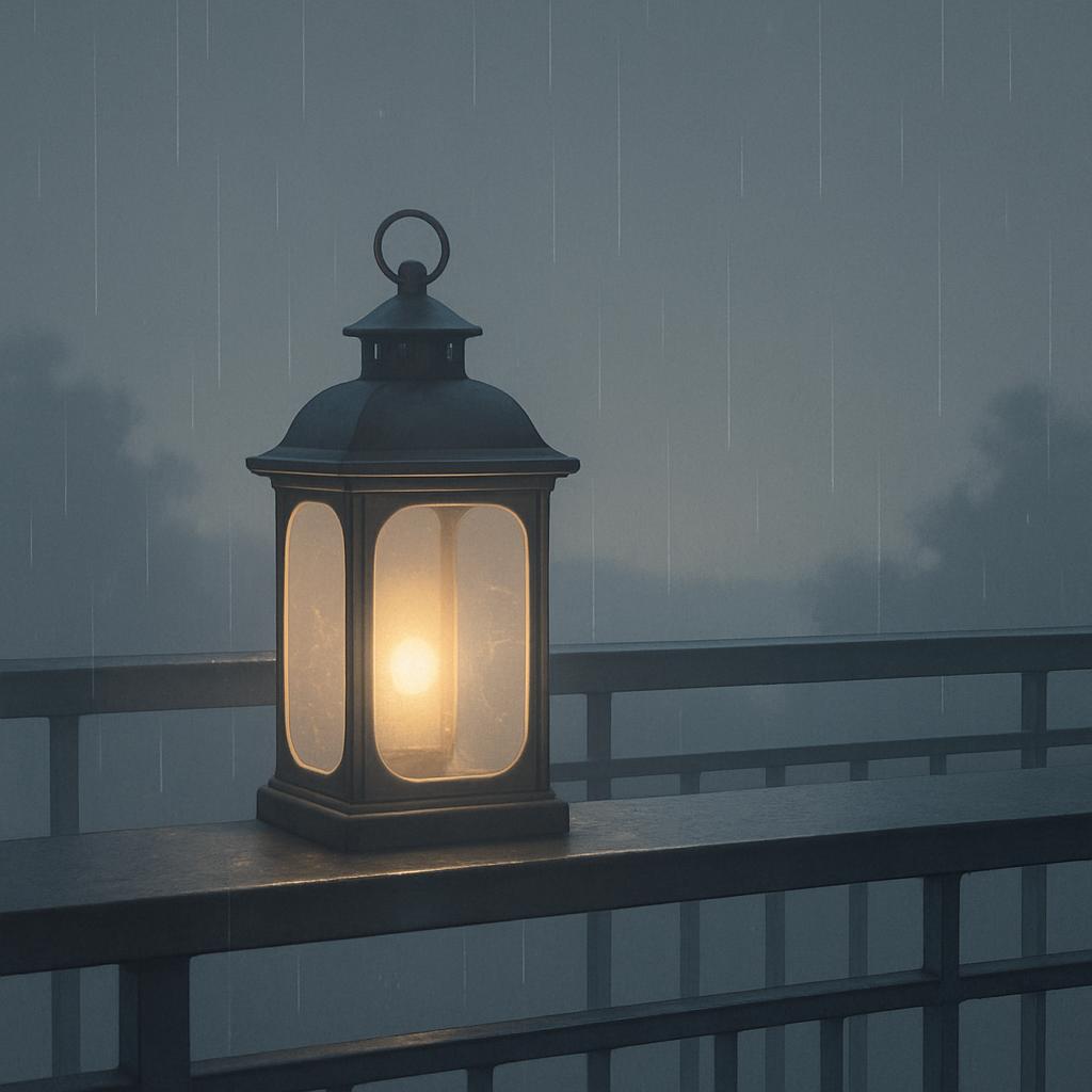 A lantern shines brightly on a rainy deck railing, casting a warm glow on the rain-soaked scene. The image captures a sere...